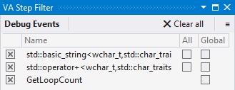 Step Filter Window Debug Events