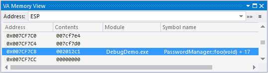 VA memory view search by specific address