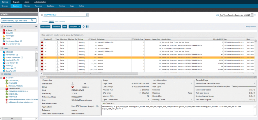 SQL Diagnostic Manager Sessions activity console view